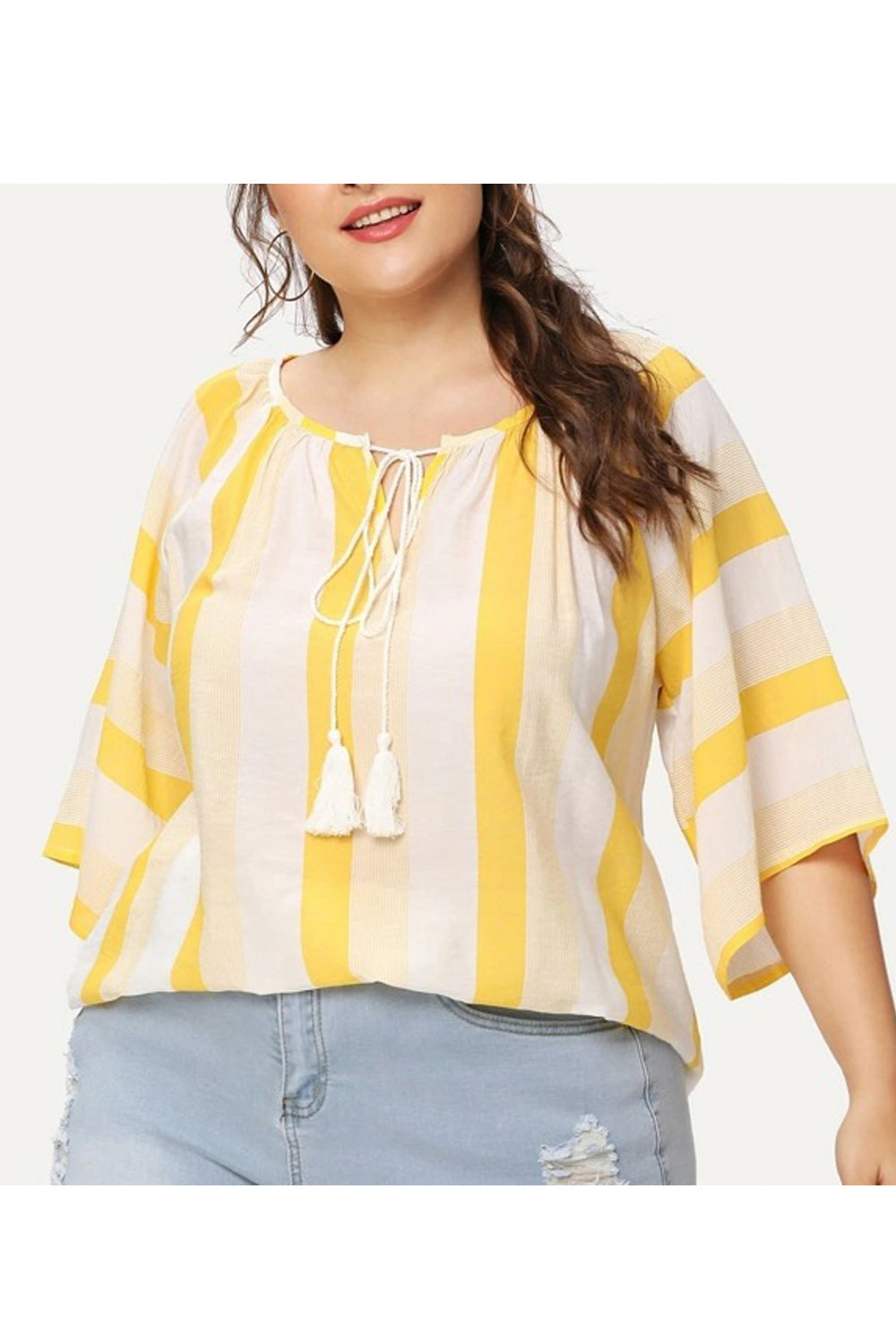 Women Stripes Tie Strap Round Neck Loose Casual Shirt