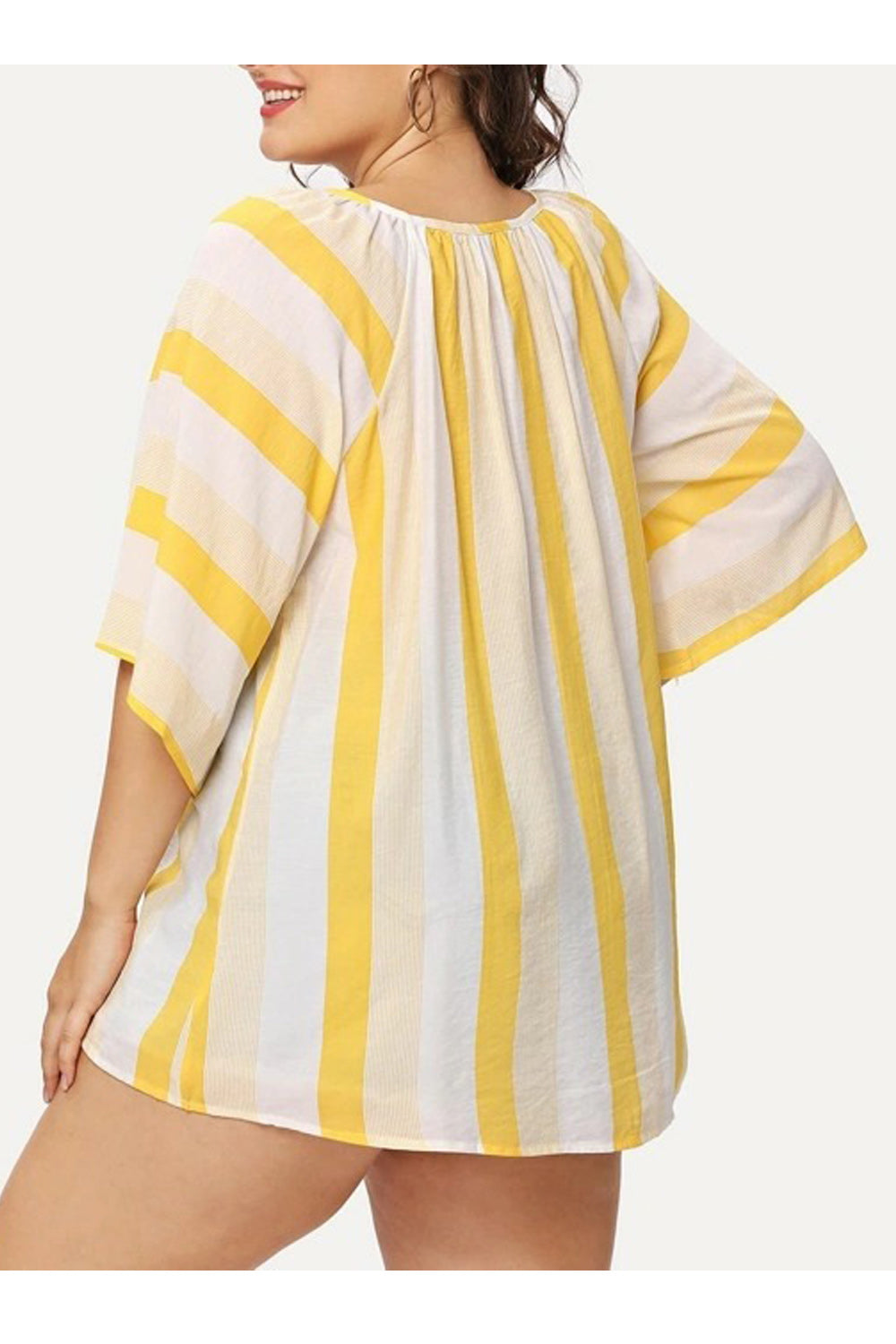 Women Stripes Tie Strap Round Neck Loose Casual Shirt