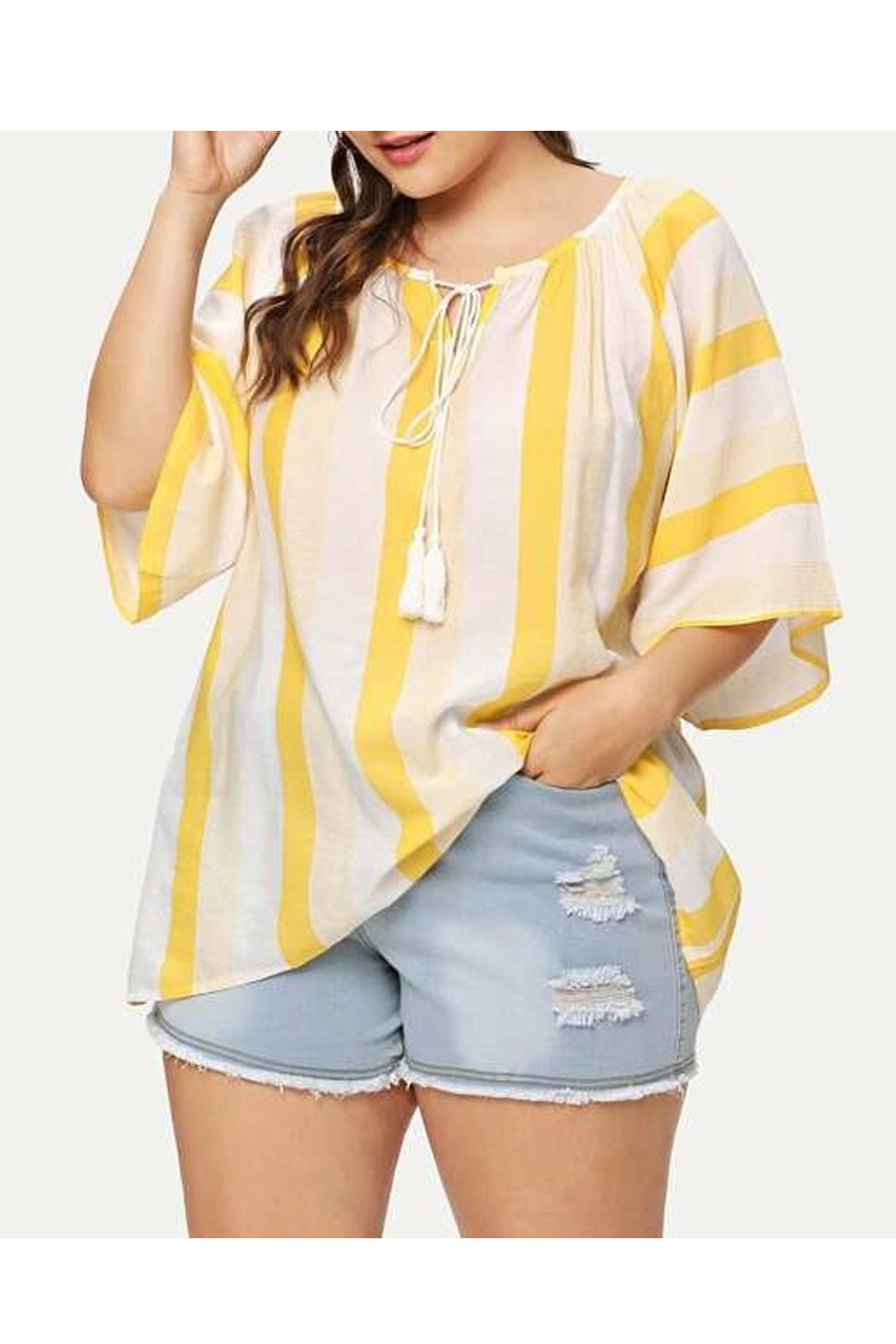 Women Stripes Tie Strap Round Neck Loose Casual Shirt