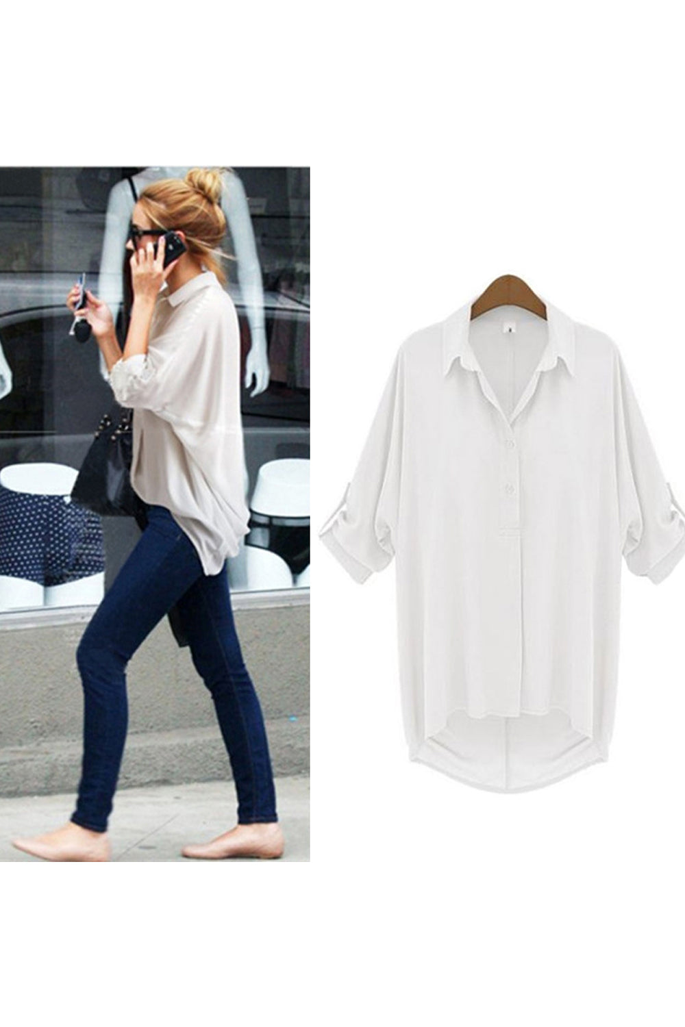 Women Relaxing Formal Folded Cuffs Collar Shirt White
