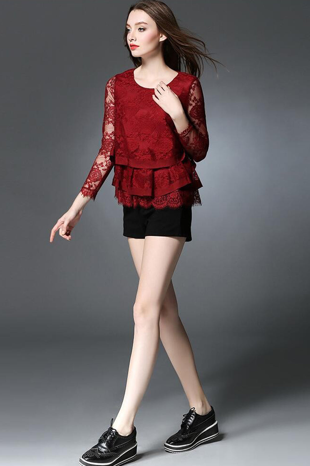 Women Long Sheer Flower Sleeves Three Layered Lace Top Red Vine