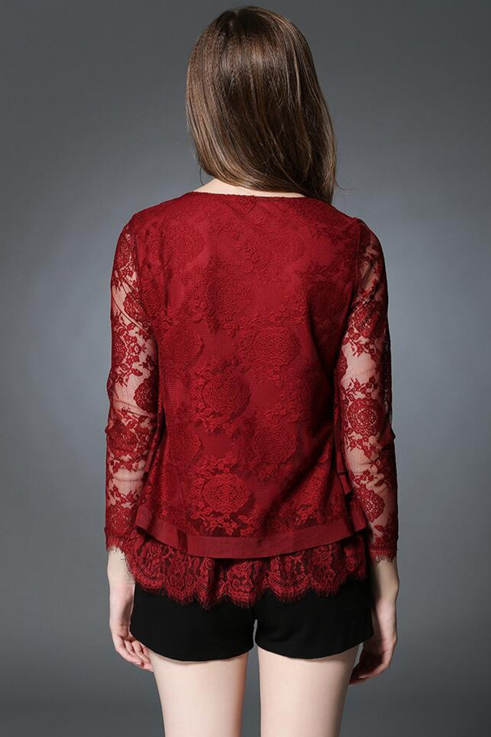 Women Long Sheer Flower Sleeves Three Layered Lace Top Red Vine