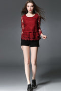 Women Long Sheer Flower Sleeves Three Layered Lace Top Red Vine