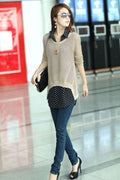 Women Chiffon Shirt with Knitted Top Upper Blouse Beige