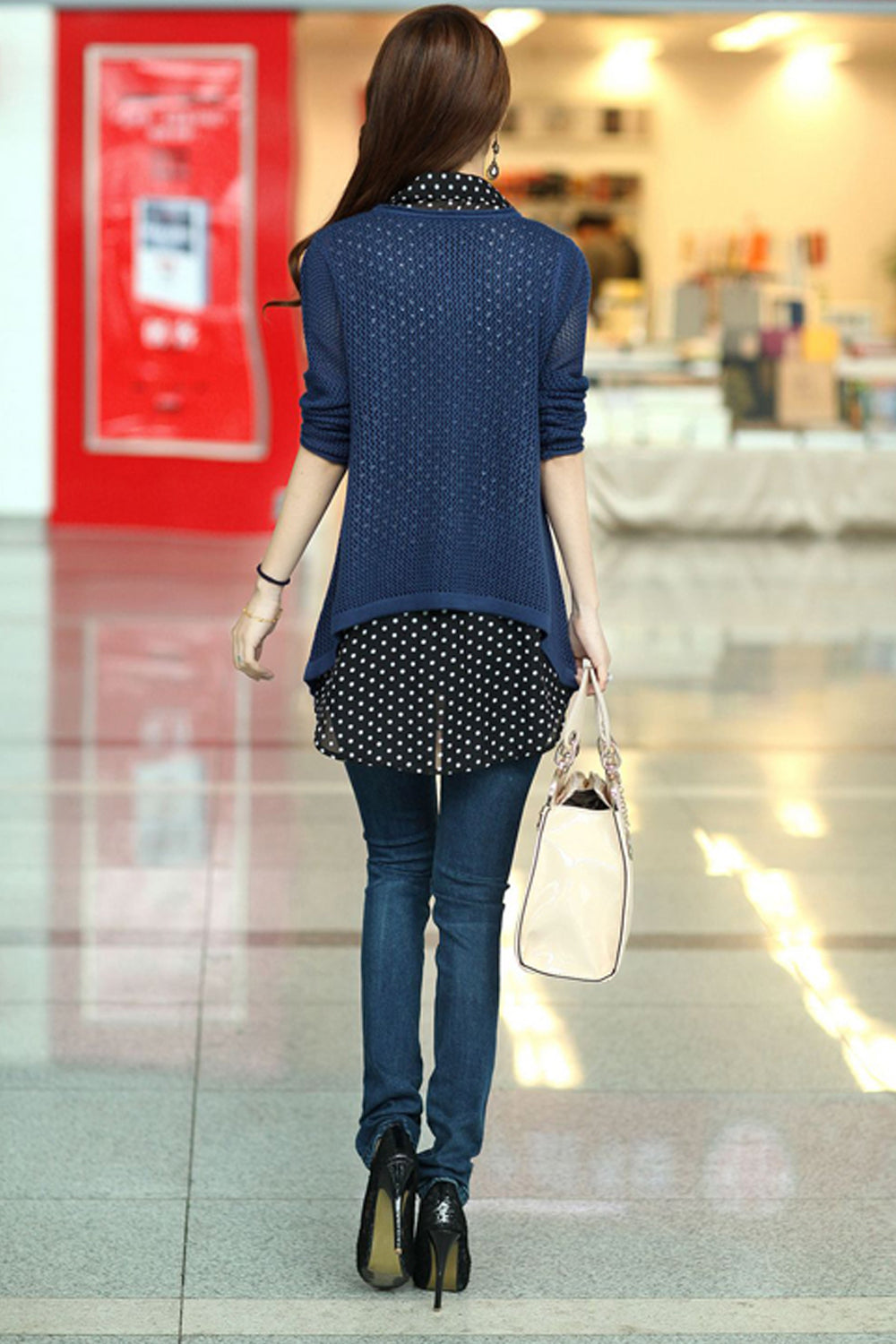 Women Polka Dot Shirt with Knitted Cover Up Blouse