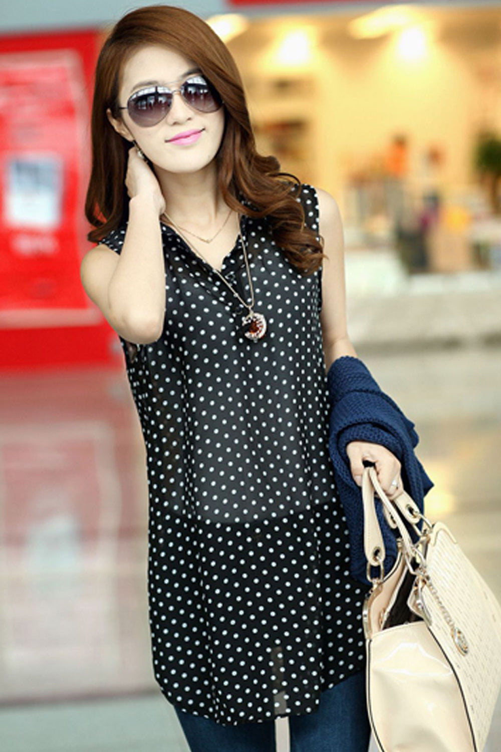 Women Polka Dot Shirt with Knitted Cover Up Blouse