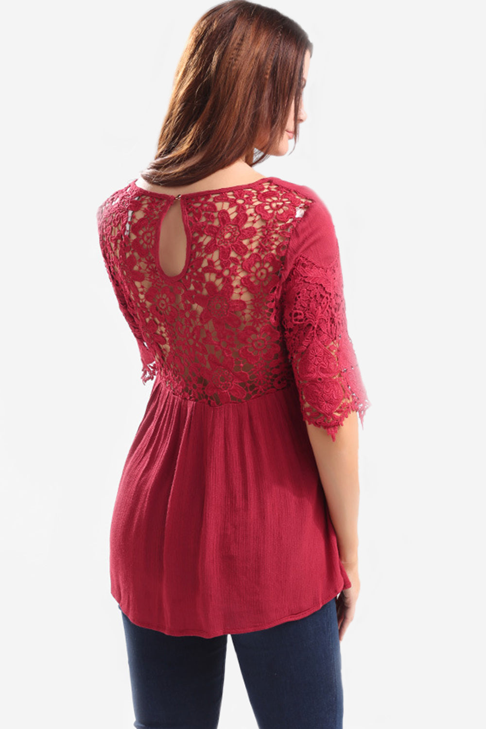 Women Short Sleeves Front And Back Lace Loose Top Red