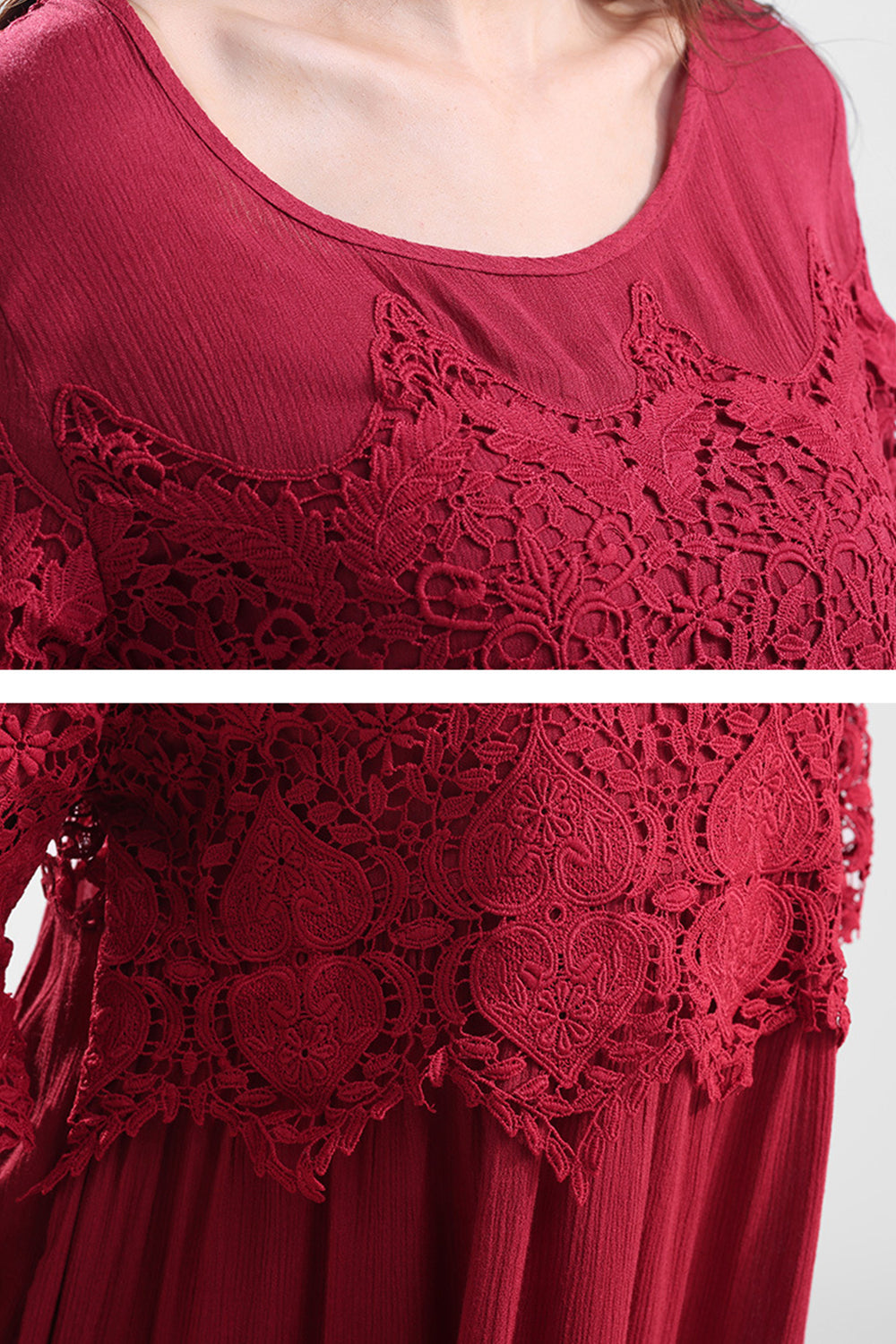 Women Short Sleeves Front And Back Lace Loose Top Red