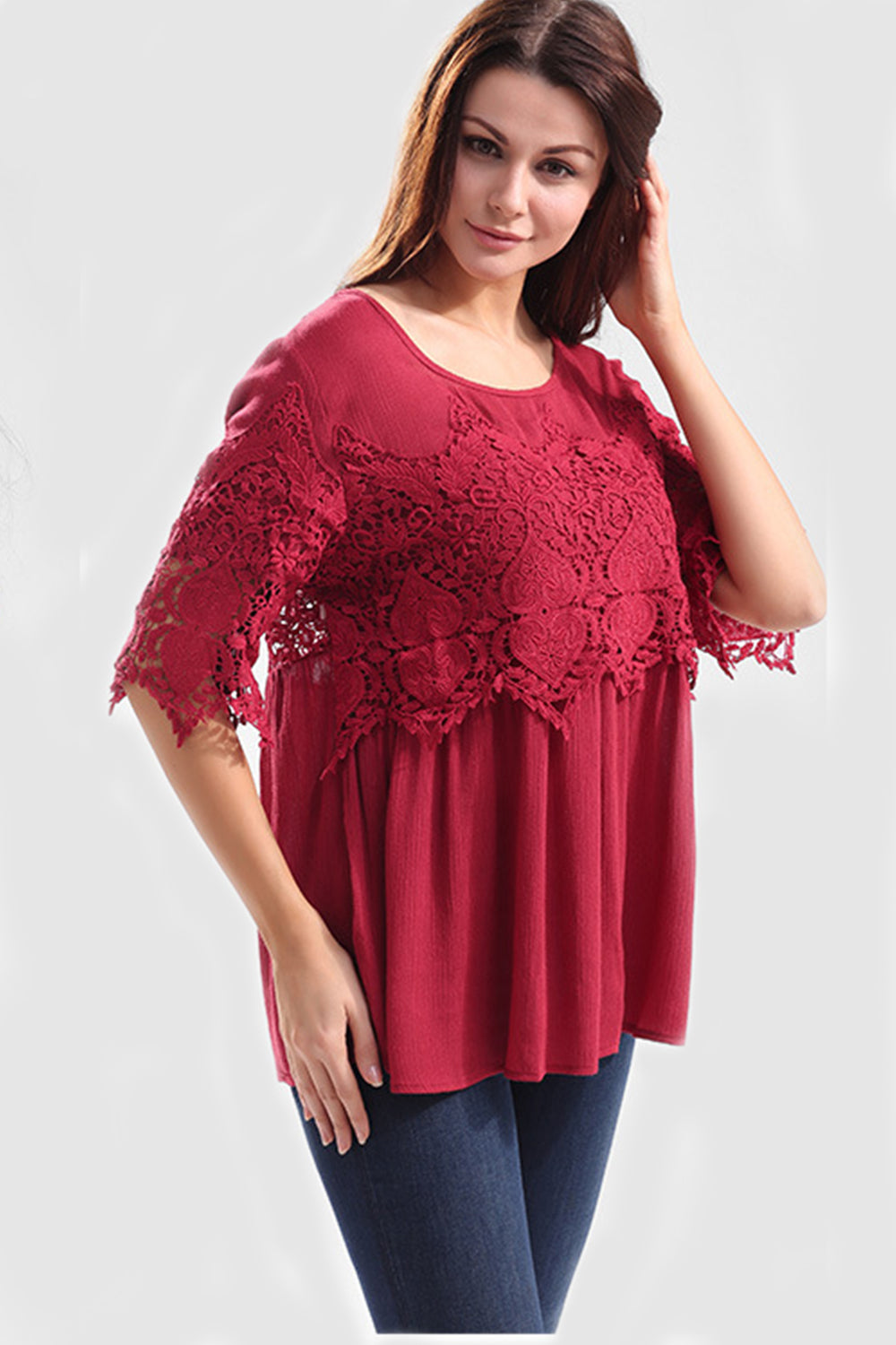 Women Short Sleeves Front And Back Lace Loose Top Red