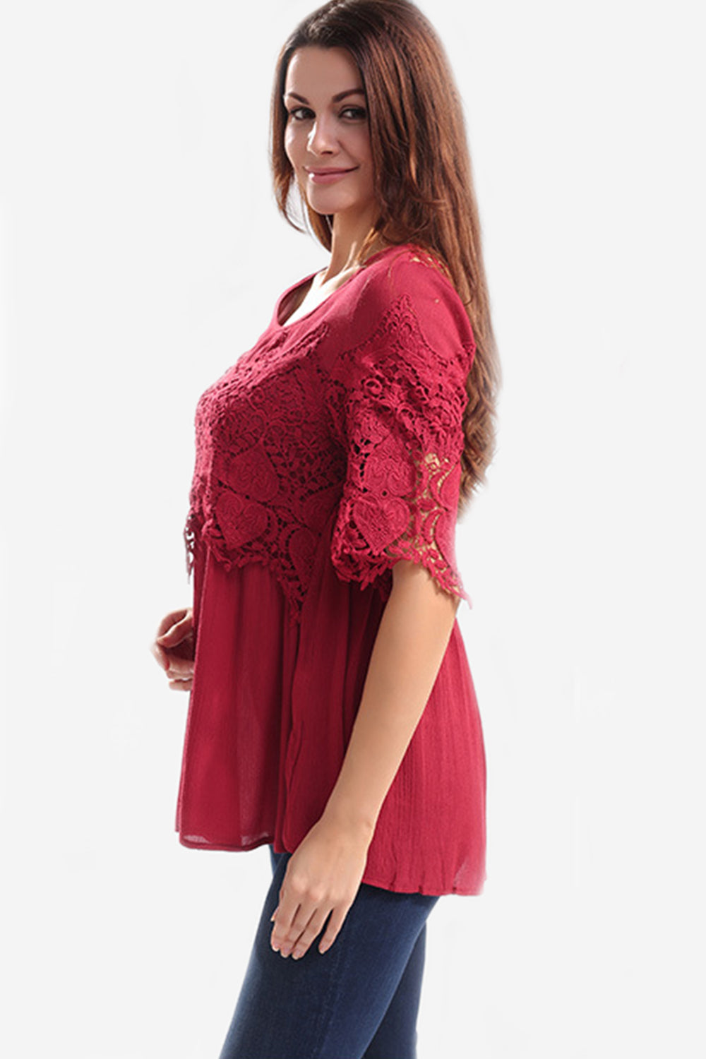 Women Short Sleeves Front And Back Lace Loose Top Red