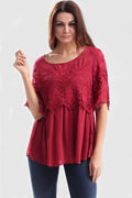 Women Short Sleeves Front And Back Lace Loose Top Red