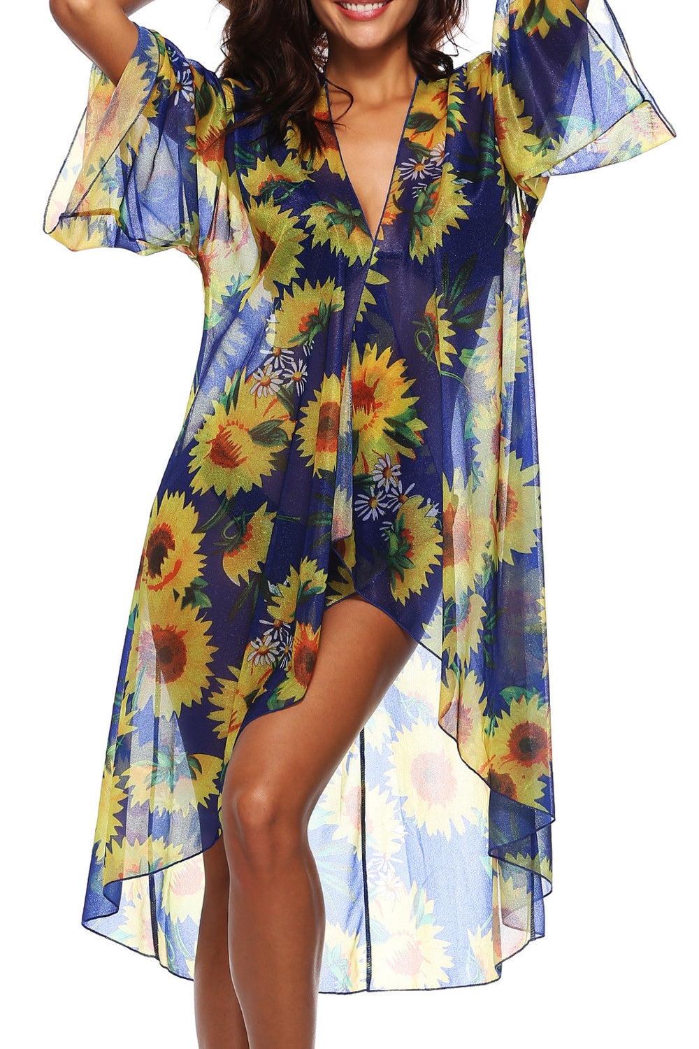 Women Beautiful Sunflower Printed Mid Length Cover-Up