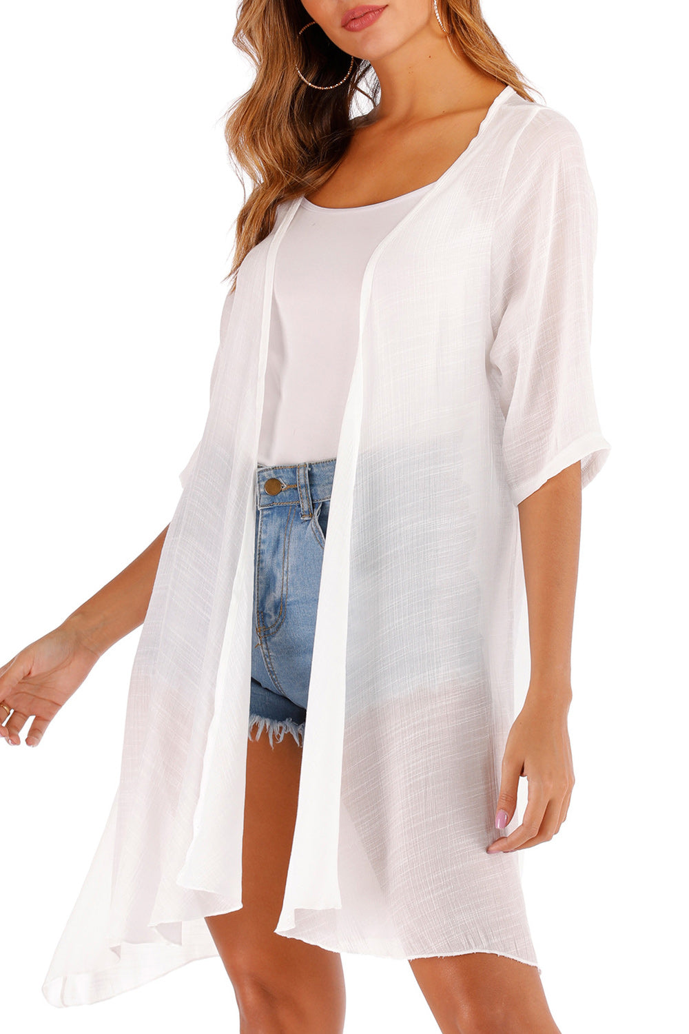 Women Solid Colored Short Sleeve Thin Cover-Up