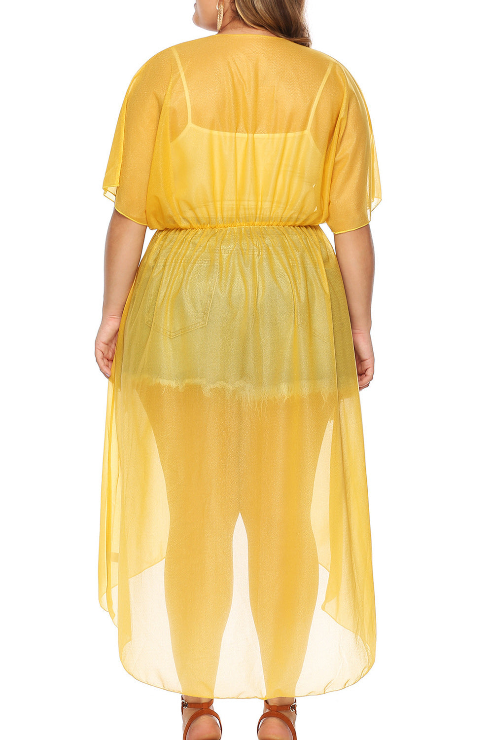 Women Waist Band Solid Colored Short Sleeve Cover-Up