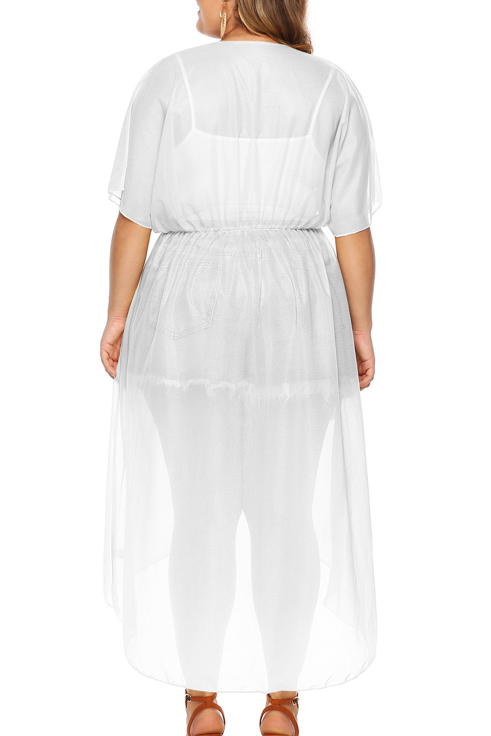 Women Waist Band Solid Colored Short Sleeve Cover-Up