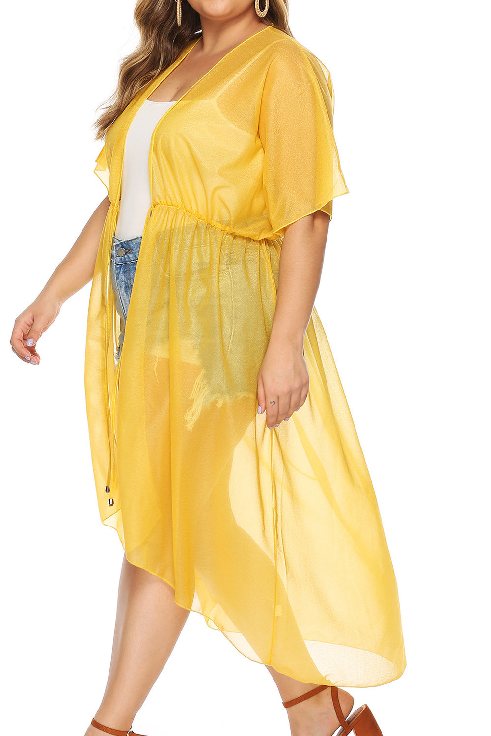 Women Waist Band Solid Colored Short Sleeve Cover-Up