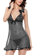 Women Short Ribbon Straps Sheer Lingerie Black