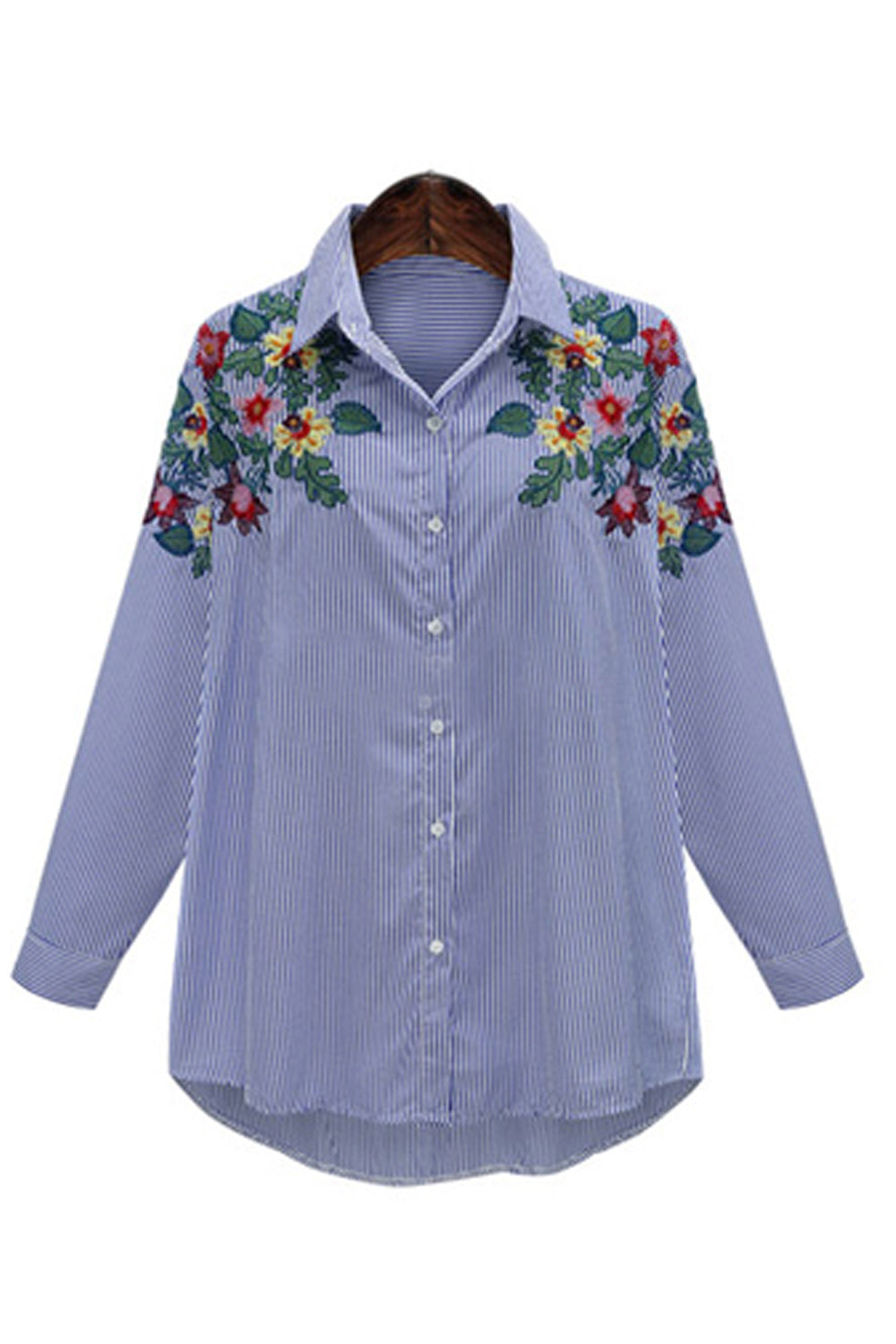 Women Floral Striped Collar Button Down Casual Shirt