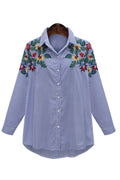 Women Floral Striped Collar Button Down Casual Shirt