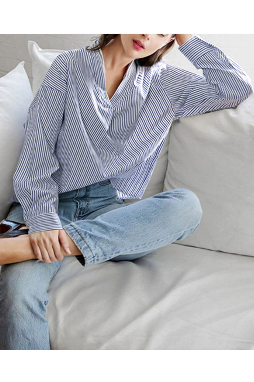 Women Stripes Loose Lace Attached Top