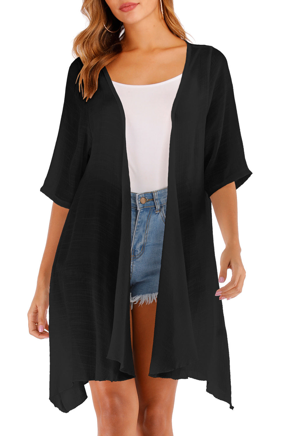 Women Elegant Solid Colored Short Sleeve Irregular Hem Cover-Up