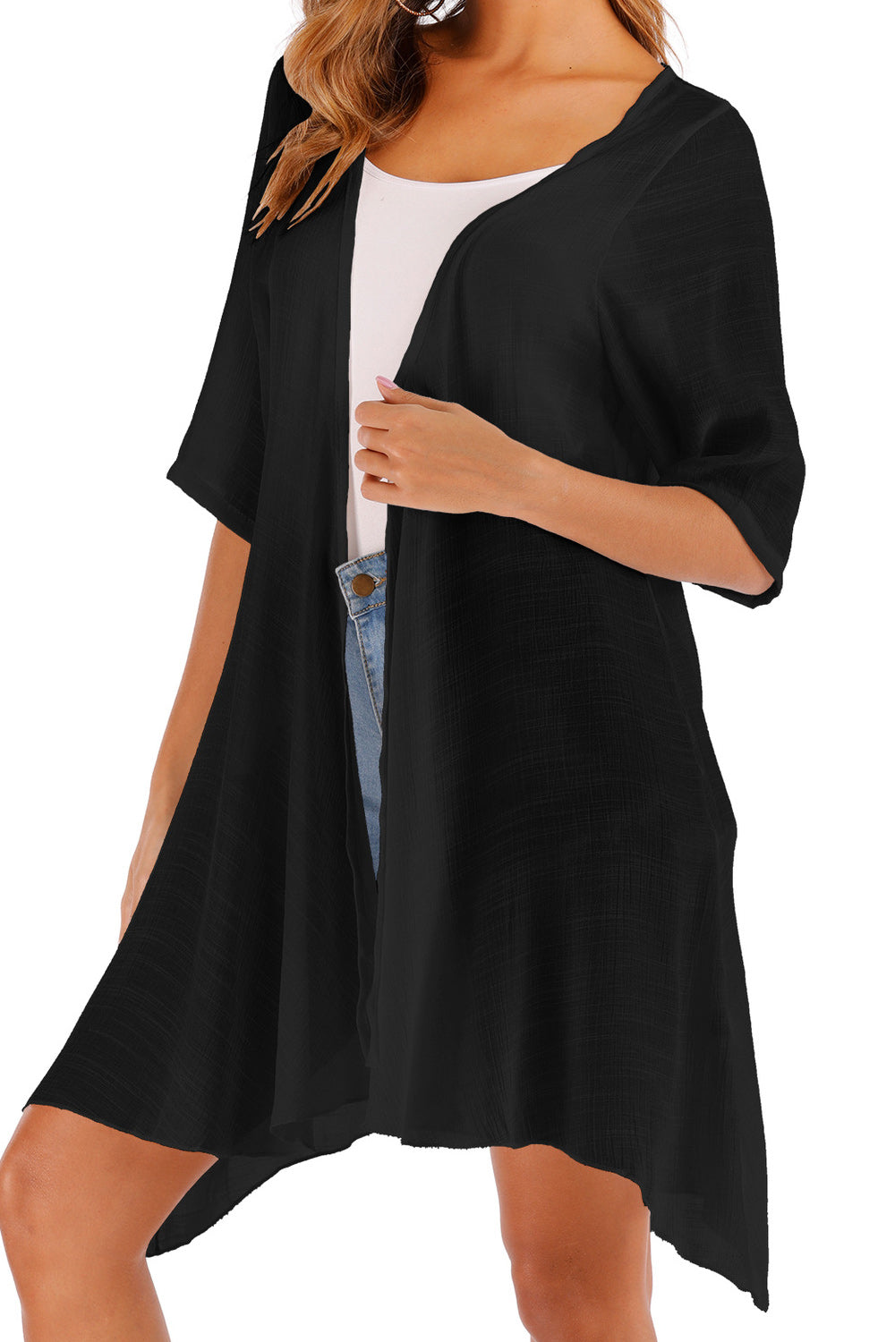 Women Elegant Solid Colored Short Sleeve Irregular Hem Cover-Up