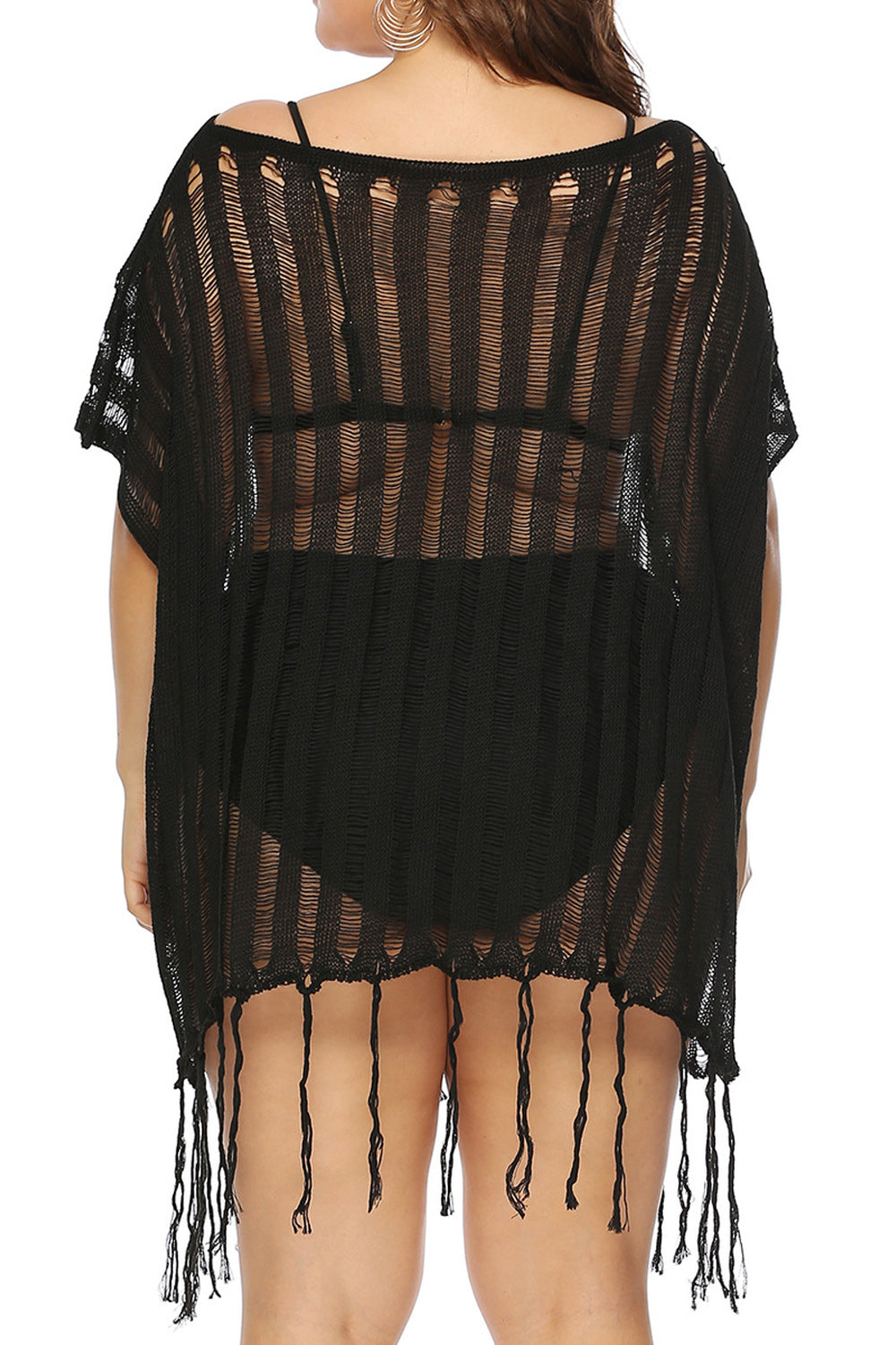 Women Tassel Hem Hollow Lace Short Sleeve Cover-Up