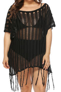 Women Tassel Hem Hollow Lace Short Sleeve Cover-Up