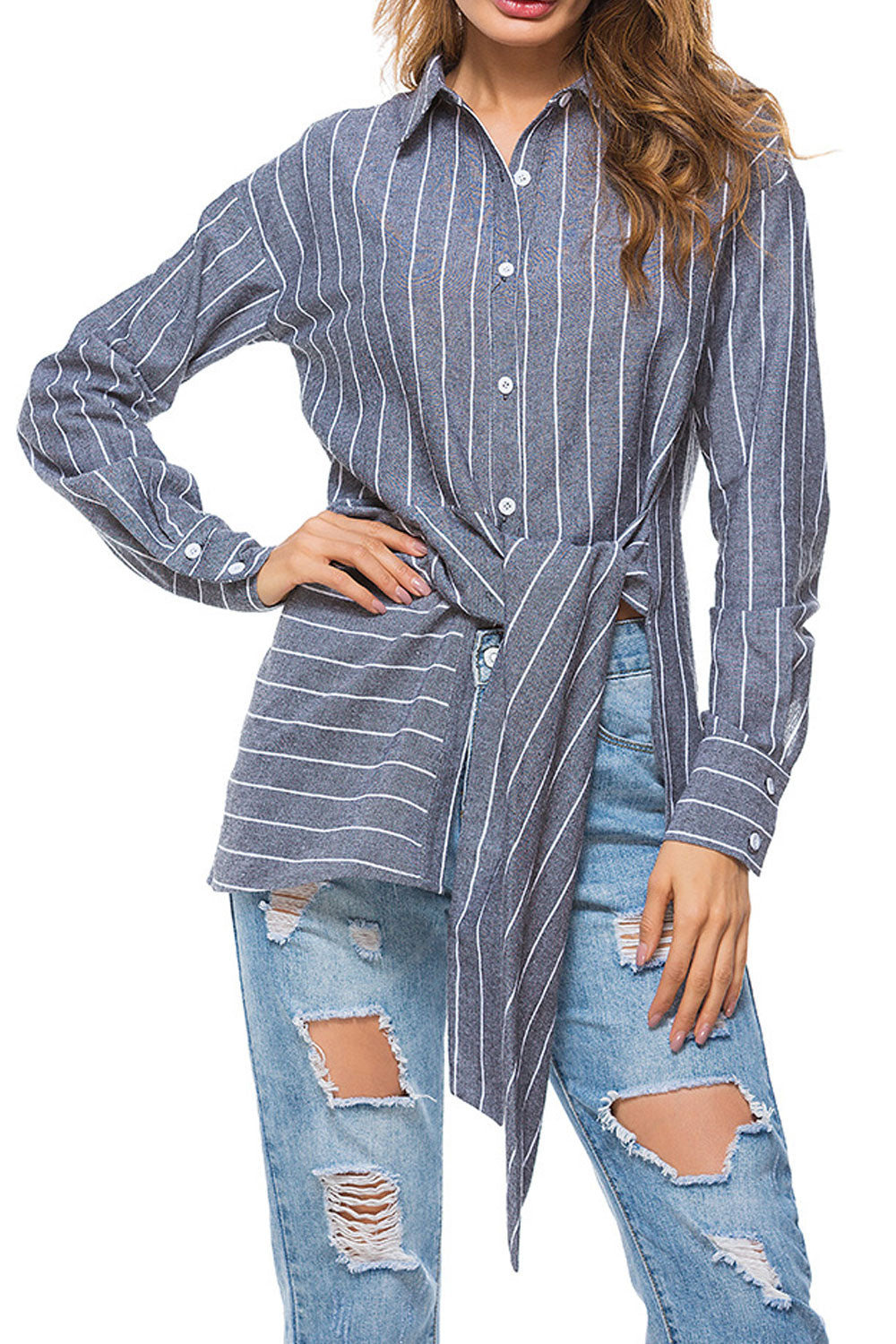 Women Stripe Pattern Button Closure Collar Neck Long Sleeve Stylish Shirt