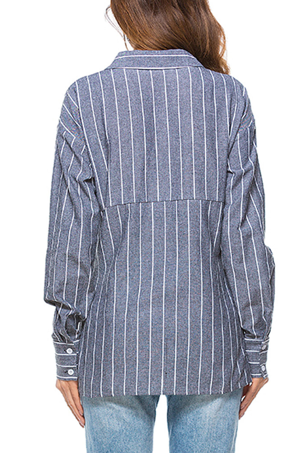 Women Stripe Pattern Button Closure Collar Neck Long Sleeve Stylish Shirt