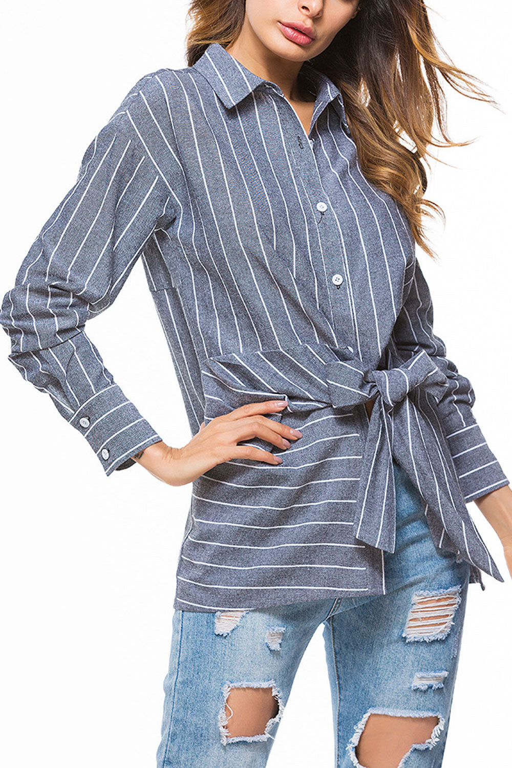 Women Stripe Pattern Button Closure Collar Neck Long Sleeve Stylish Shirt