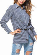 Women Stripe Pattern Button Closure Collar Neck Long Sleeve Stylish Shirt