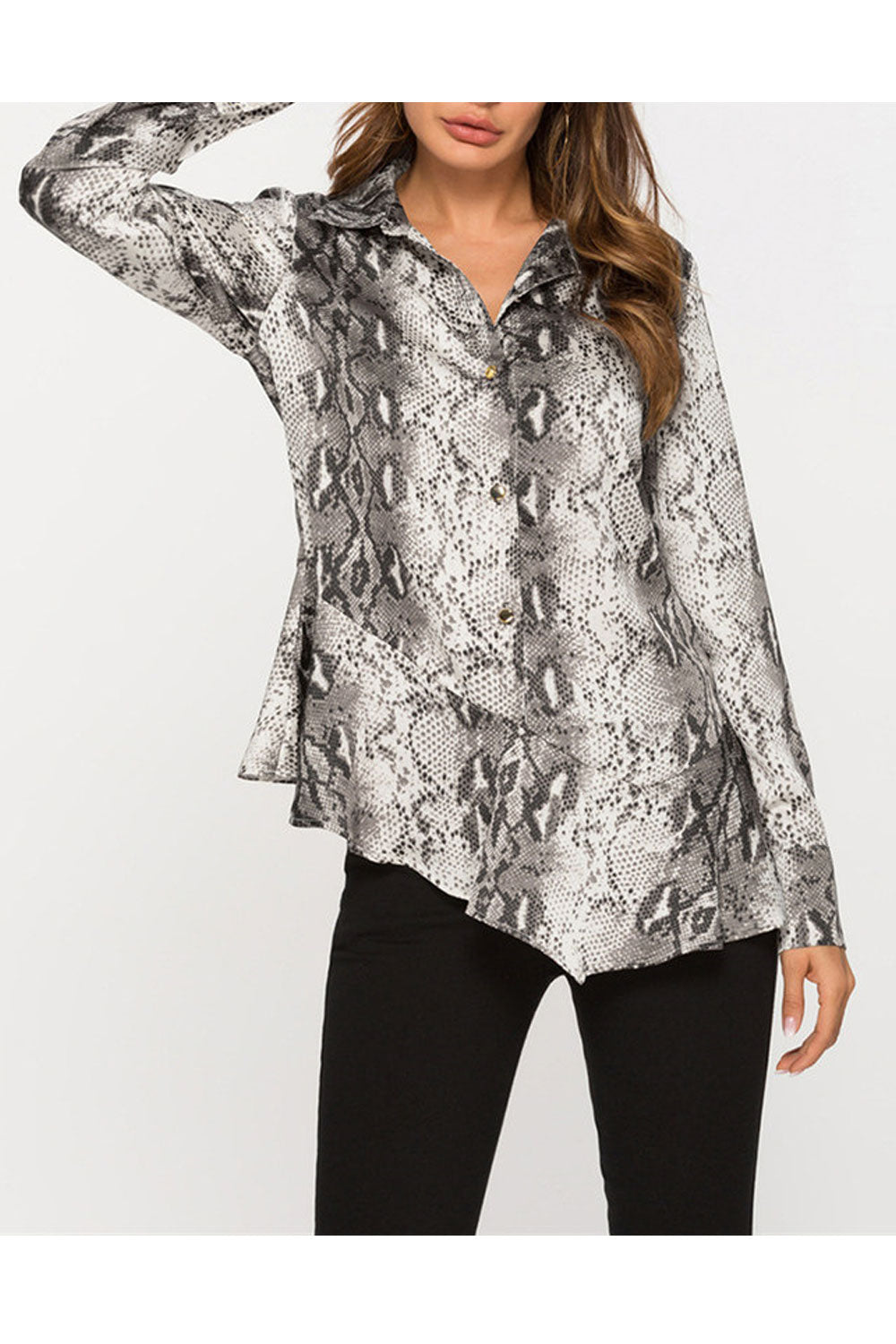 Women Printed Style Collar Neck Long Sleeve Button Closure Shirt