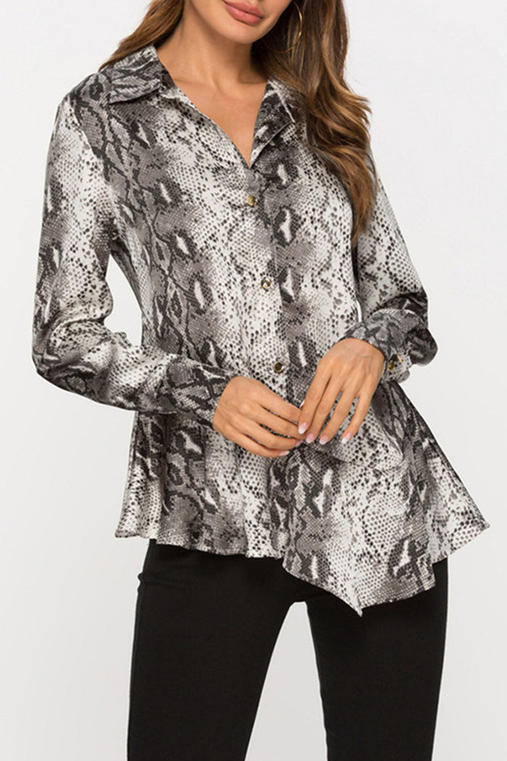 Women Printed Style Collar Neck Long Sleeve Button Closure Shirt