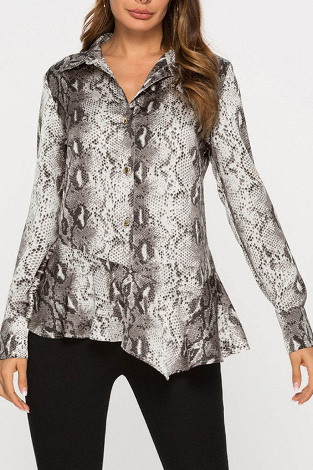 Women Printed Style Collar Neck Long Sleeve Button Closure Shirt