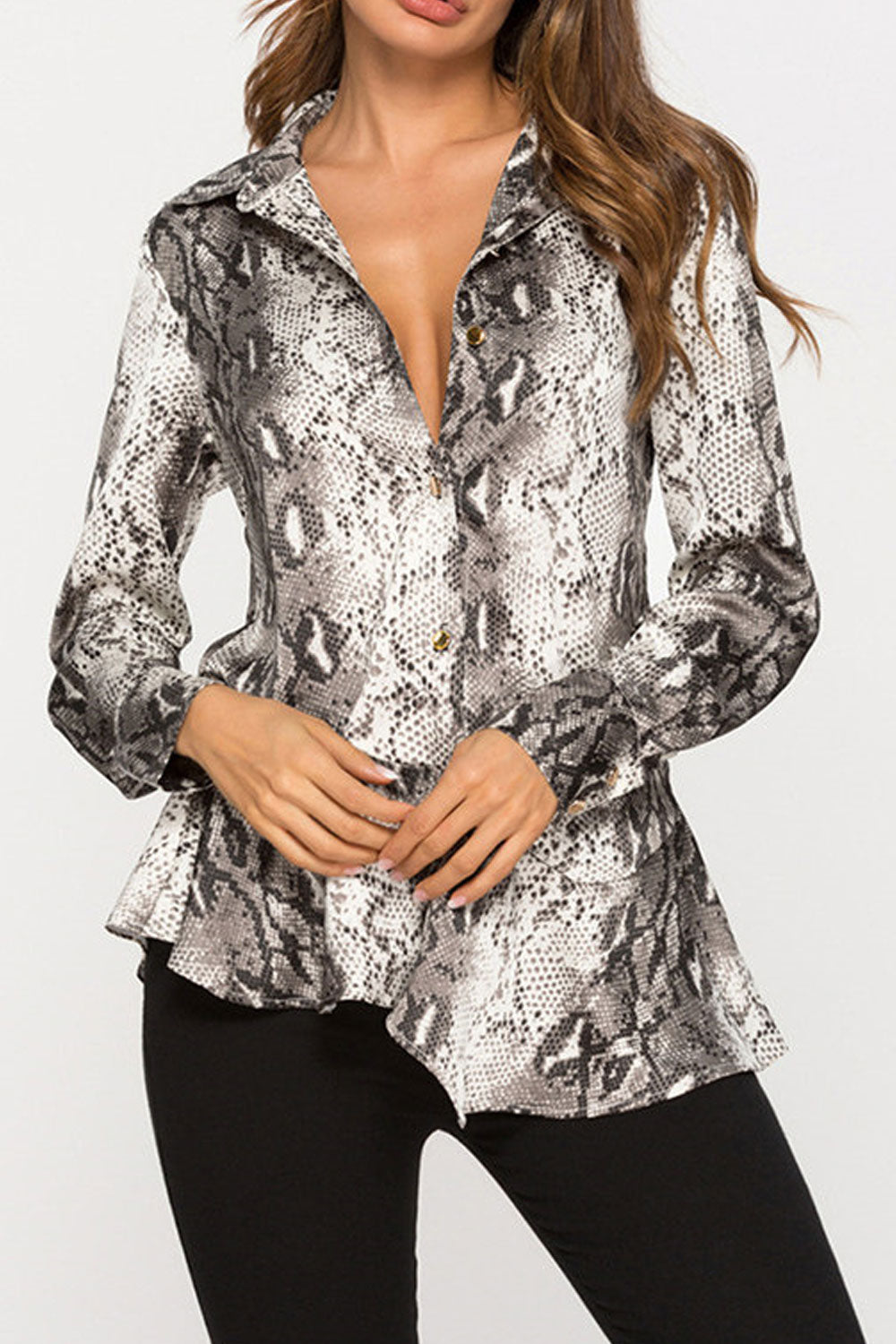 Women Printed Style Collar Neck Long Sleeve Button Closure Shirt