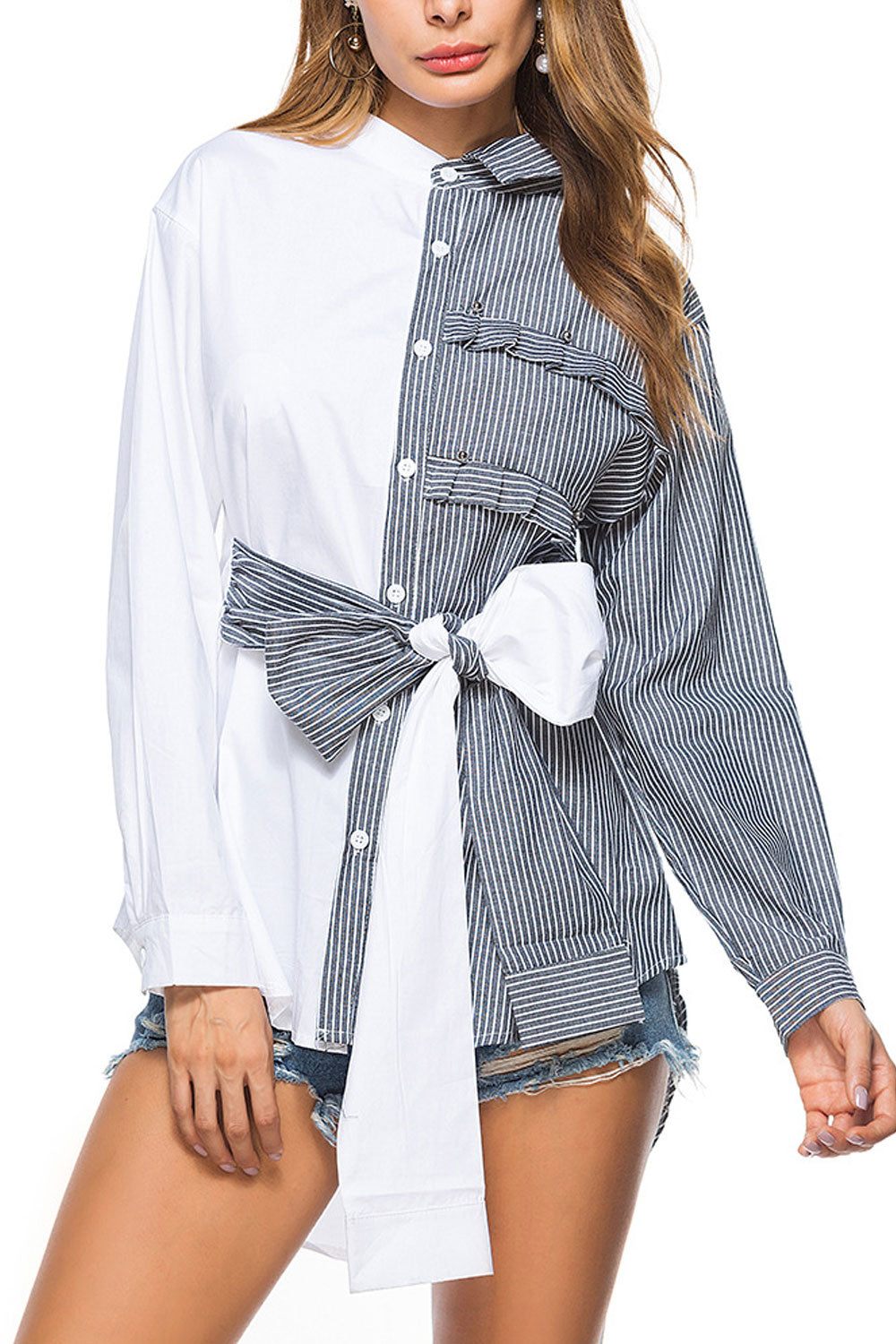 Women Button Closure Collar Neck Long Sleeve Stripe Print Shirt