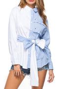Women Button Closure Collar Neck Long Sleeve Stripe Print Shirt