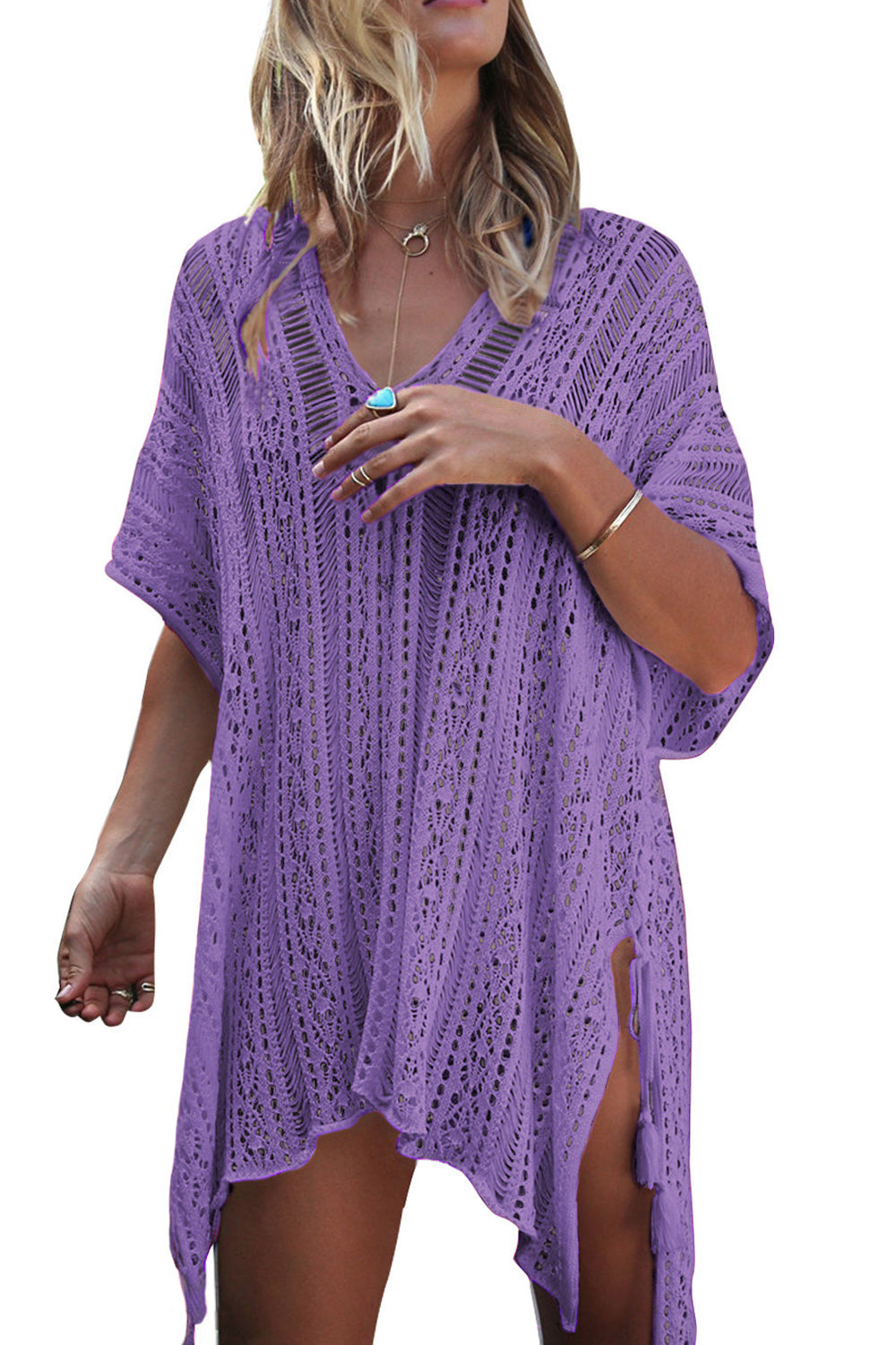Women Solid Colored Hollow Lace V-Neck Style Beach Cover-Up