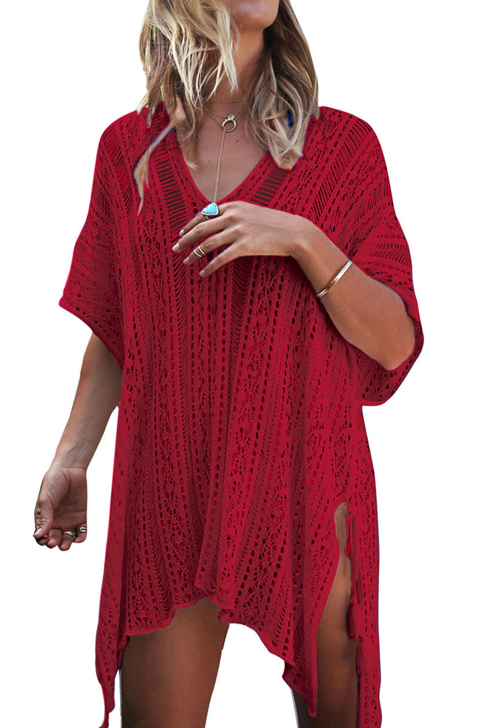 Women Solid Colored Hollow Lace V-Neck Style Beach Cover-Up