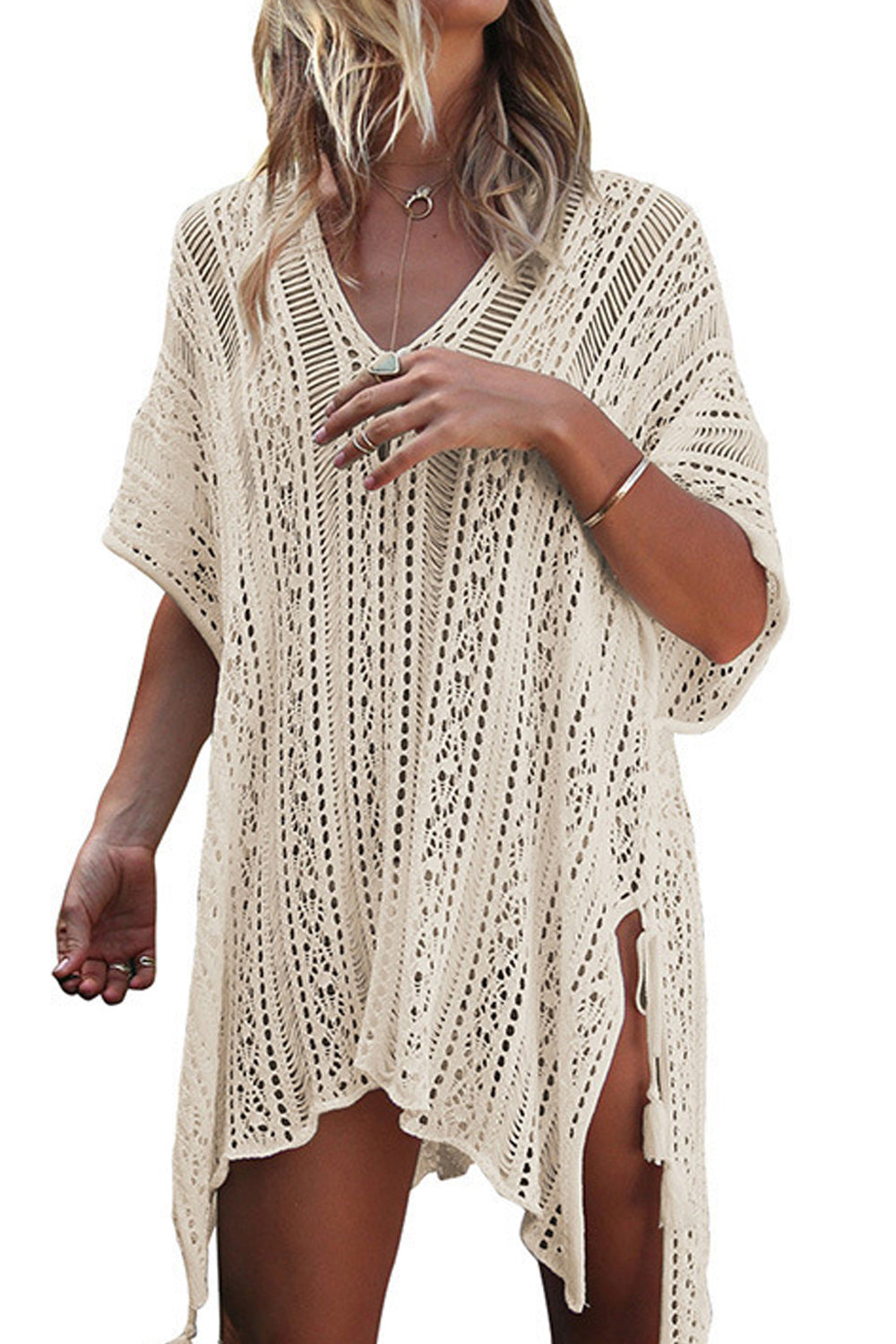 Women Solid Colored Hollow Lace V-Neck Style Beach Cover-Up