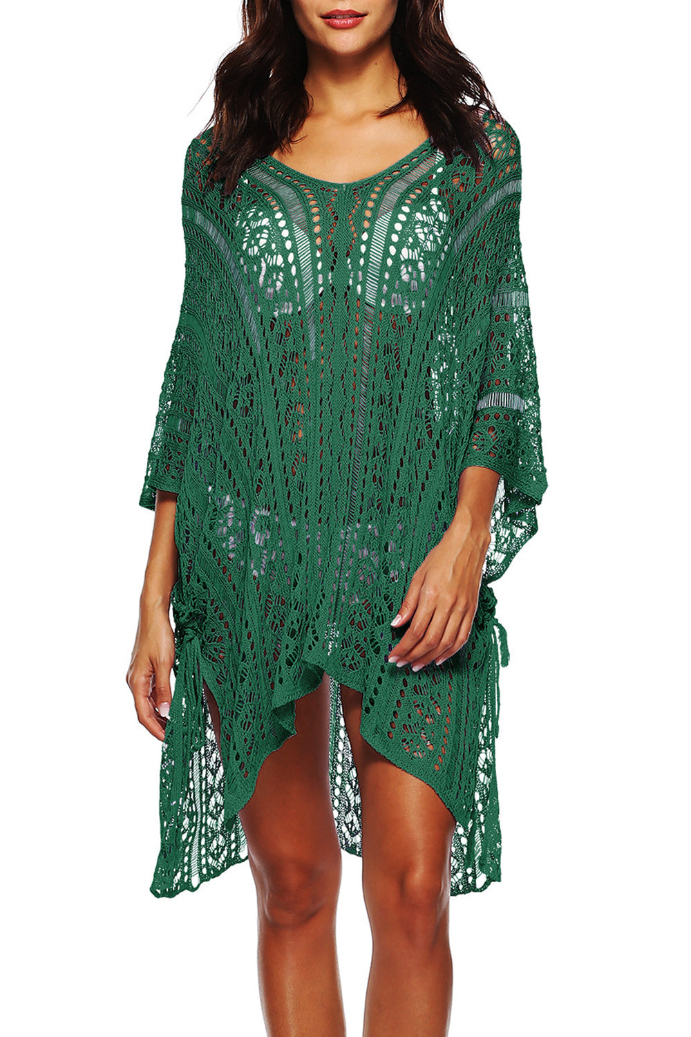 Women Solid Colored Hollow Lace V-Neck Style Beach Cover-Up