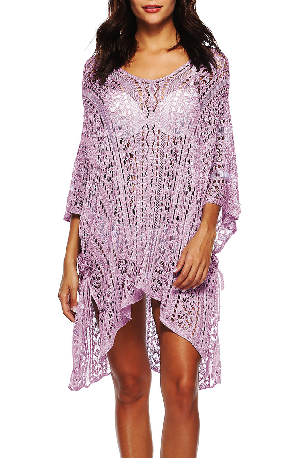 Women Solid Colored Hollow Lace V-Neck Style Beach Cover-Up
