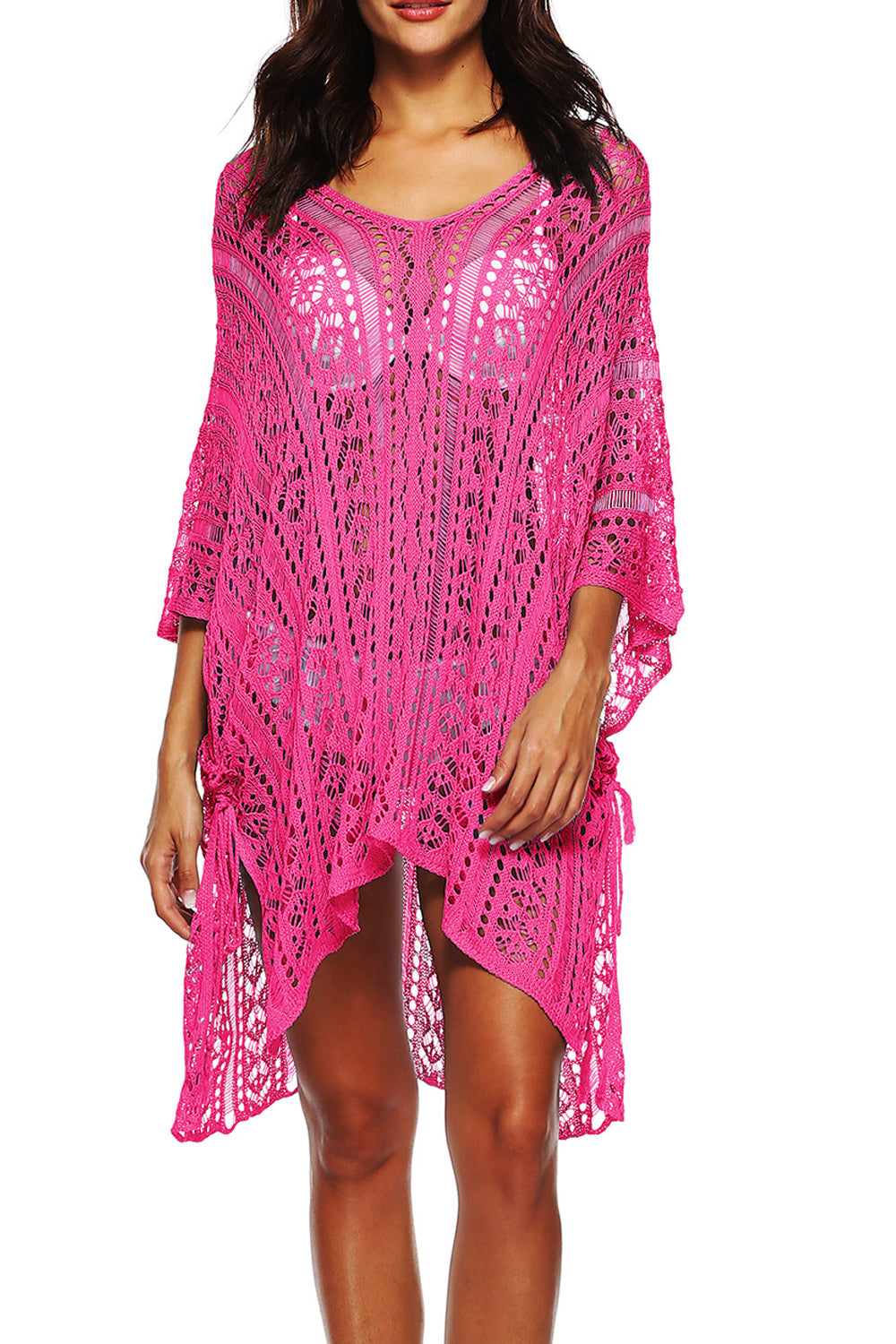 Women Solid Colored Hollow Lace V-Neck Style Beach Cover-Up