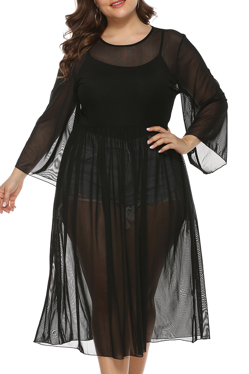 Women Solid Colored Pleated Style Long Sleeve Beach Cover-Up