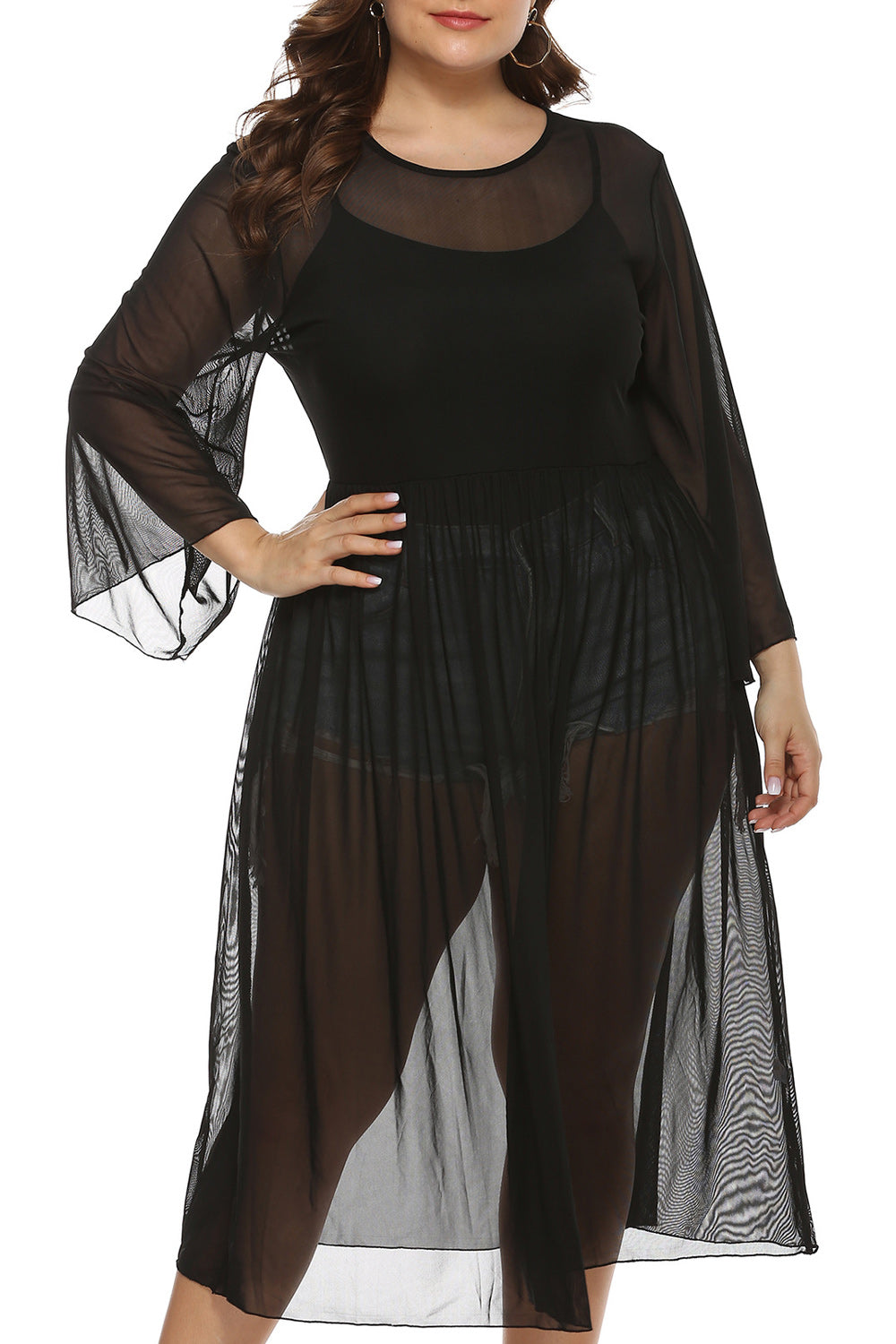 Women Solid Colored Pleated Style Long Sleeve Beach Cover-Up