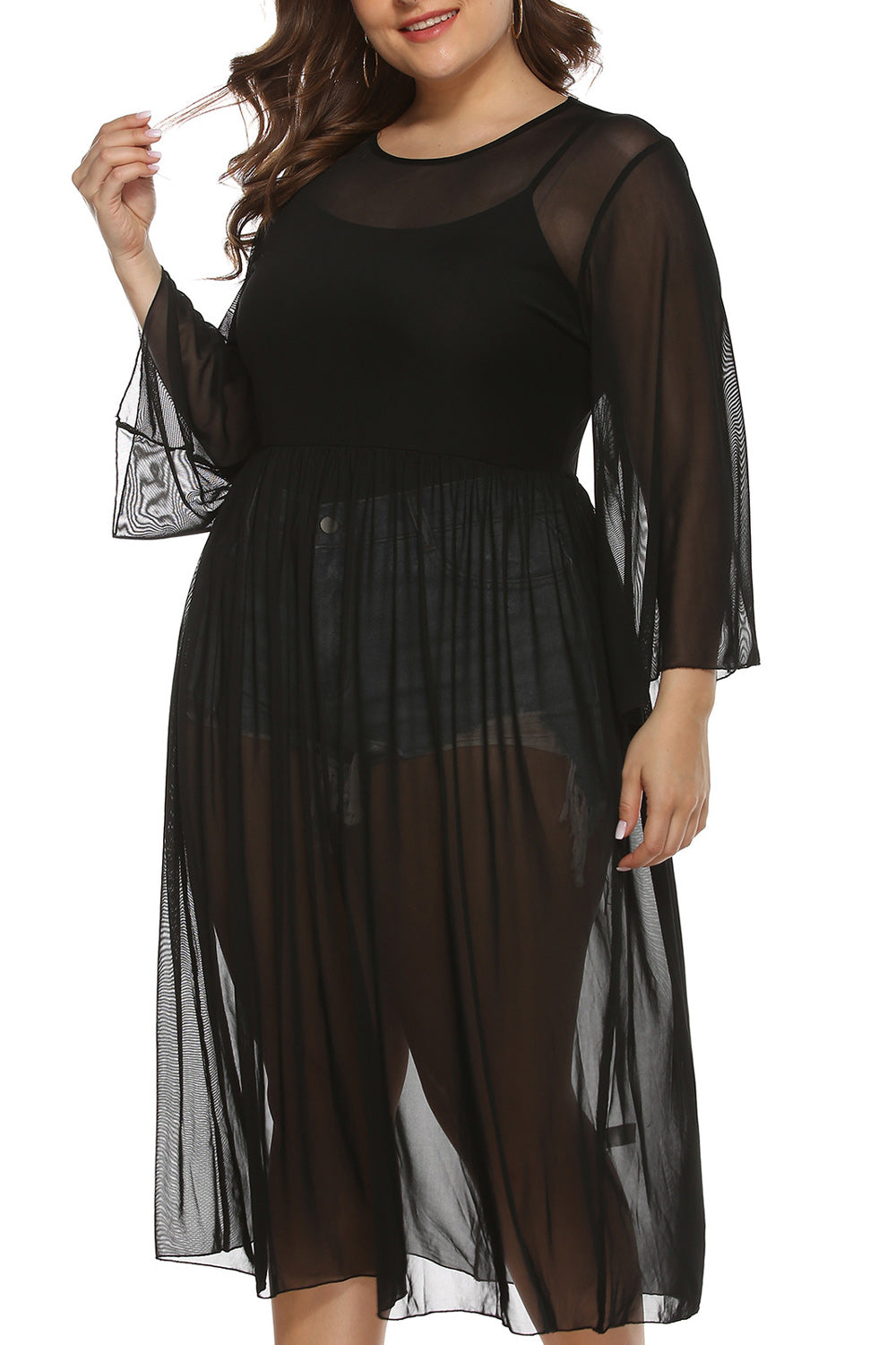Women Solid Colored Pleated Style Long Sleeve Beach Cover-Up