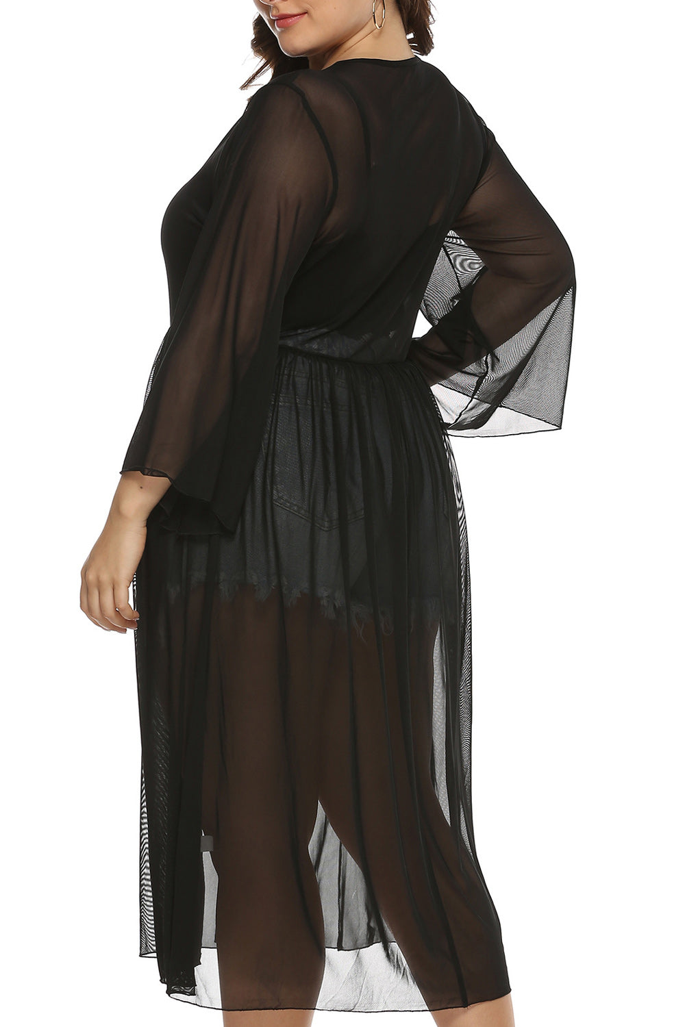 Women Solid Colored Pleated Style Long Sleeve Beach Cover-Up