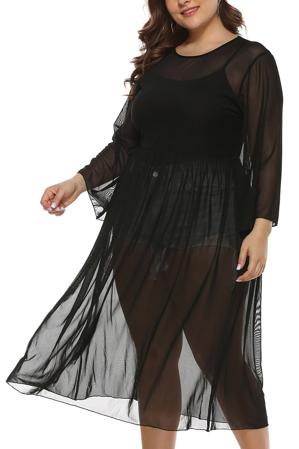 Women Solid Colored Pleated Style Long Sleeve Beach Cover-Up