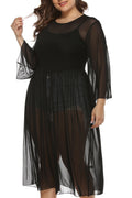 Women Solid Colored Pleated Style Long Sleeve Beach Cover-Up
